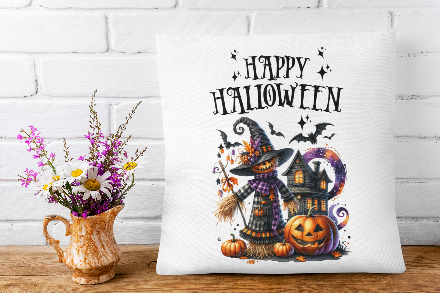 Festive Halloween Pillow Happy Halloween Witches and Scarecrows.