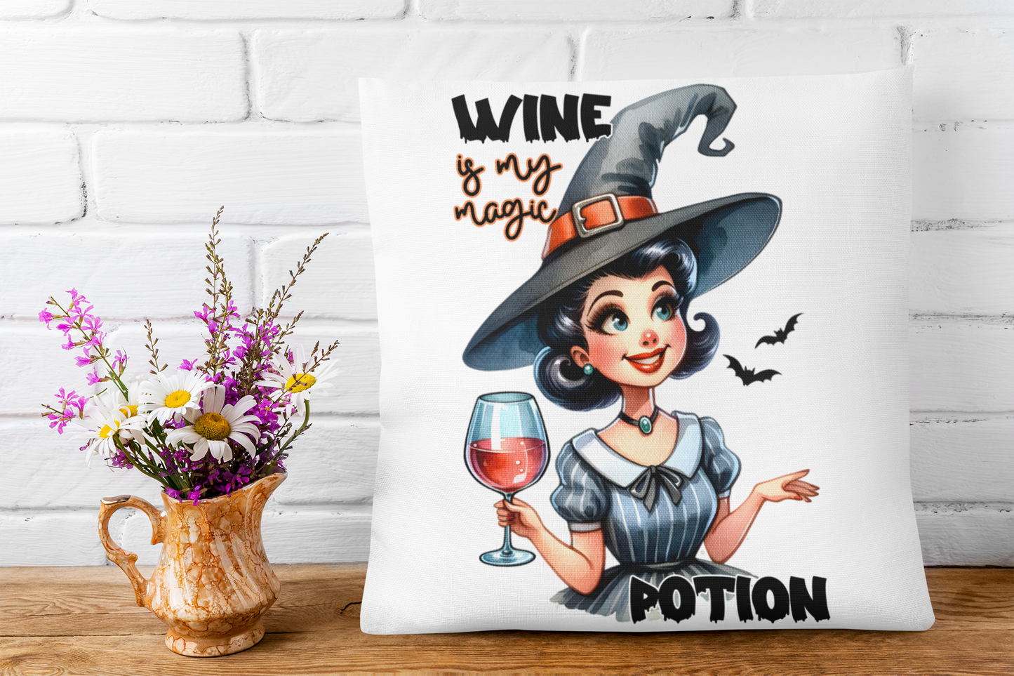 Festive Halloween Pillow Witches Love Drinking Wine at Halloween Time.