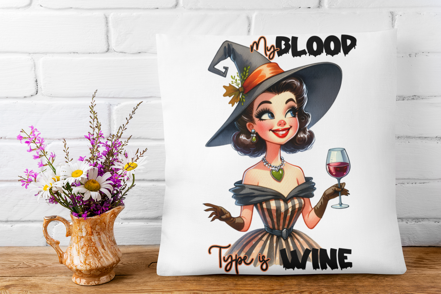 Festive Halloween Pillow Witches Love To Drink Red Wine. Happy Halloween 2024.