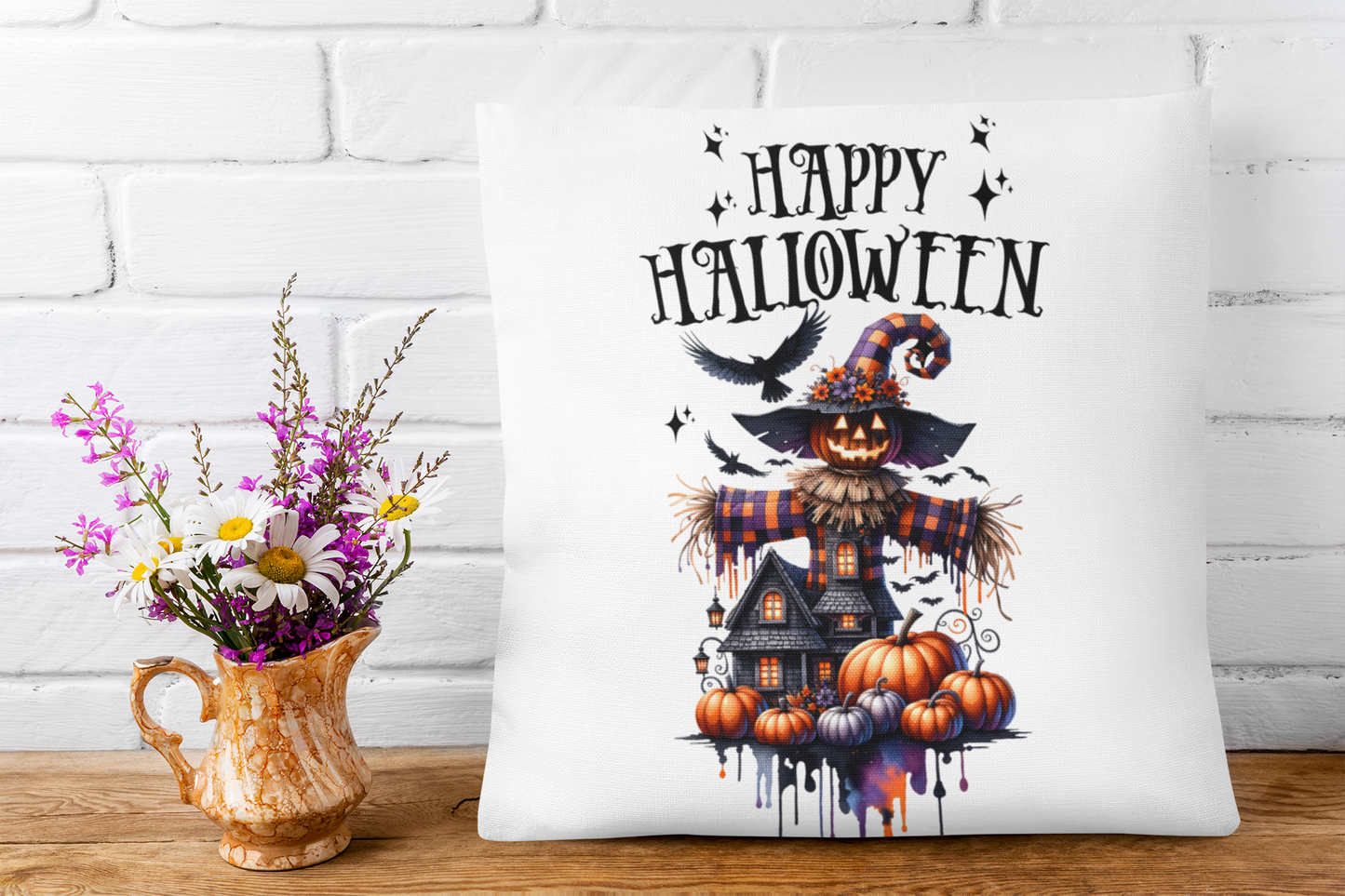 Festive Halloween Pillow Watchout For The Scarecrows and Witches at Halloween,